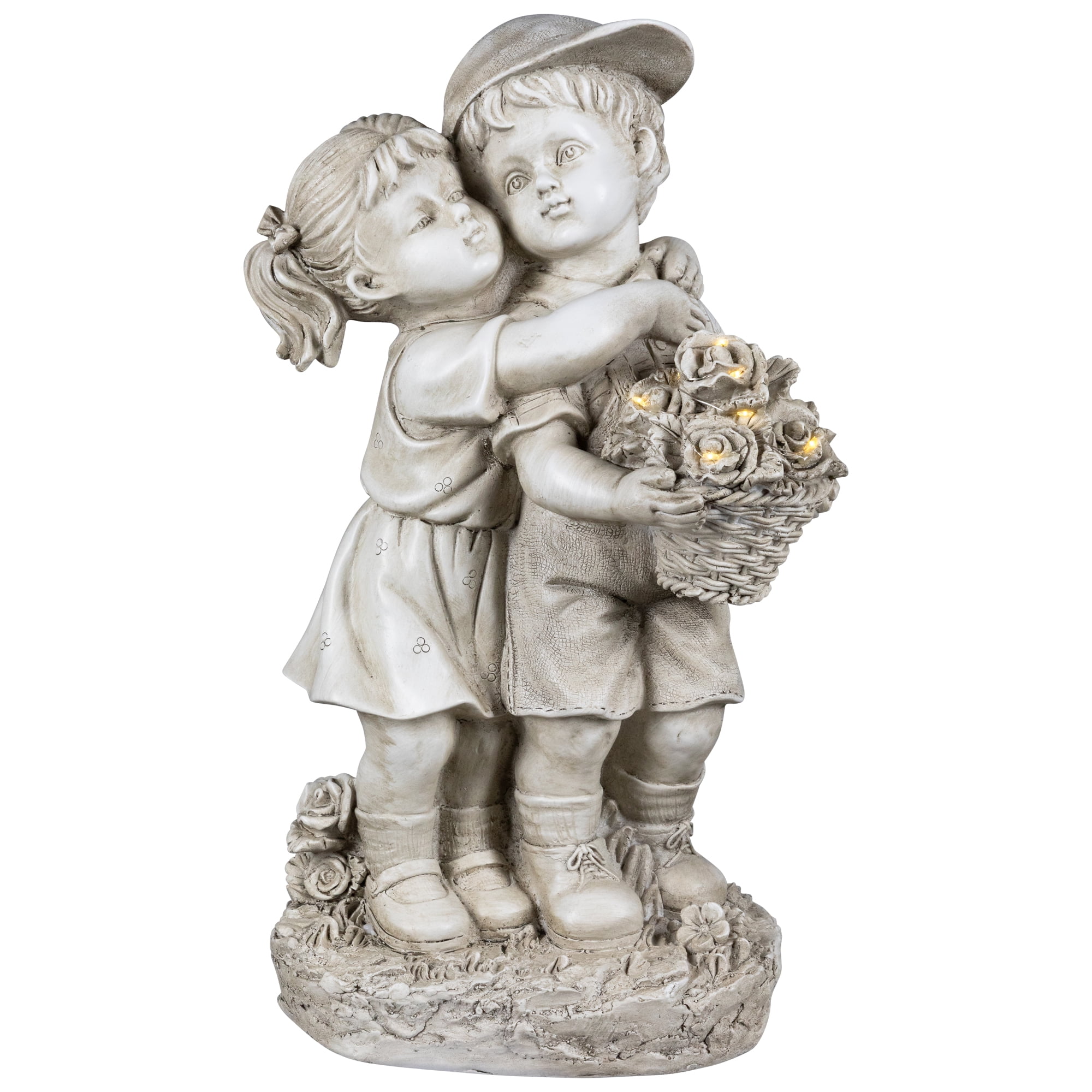 Northlight Solar Lighted Hugging Girl and Boy Outdoor Garden Statue - 16"