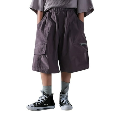 SUXIAN Boys Pants Summer Loose Elastic Waist Sports Lightweight Cargo Shorts Casual Active Wear Purple 90
