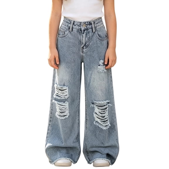 Mitankcoo Girls Wide Leg Jeans Elastic Waist Vintage Washed Denim Pants Classic with Pocket Casual Kids Trousers 4-14Y