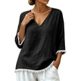 thumbnail image 2 of Qzwdhjm Linen 3/4 Sleeve Tops for Women V Neck Loose Fit Shirts with Frayed Hem Summer Fall Casual Blouses for Dailywear, 2 of 8