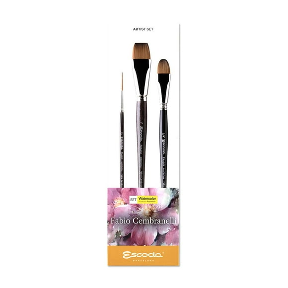 Escoda Signature Artist Watercolor Paint Brush Set, Fabio Cembranelli Set #2, Includes Prado (Synthetic Sable) Flat Bright Size 3/4"" & 1"" and Prado Round Longliner Size 2