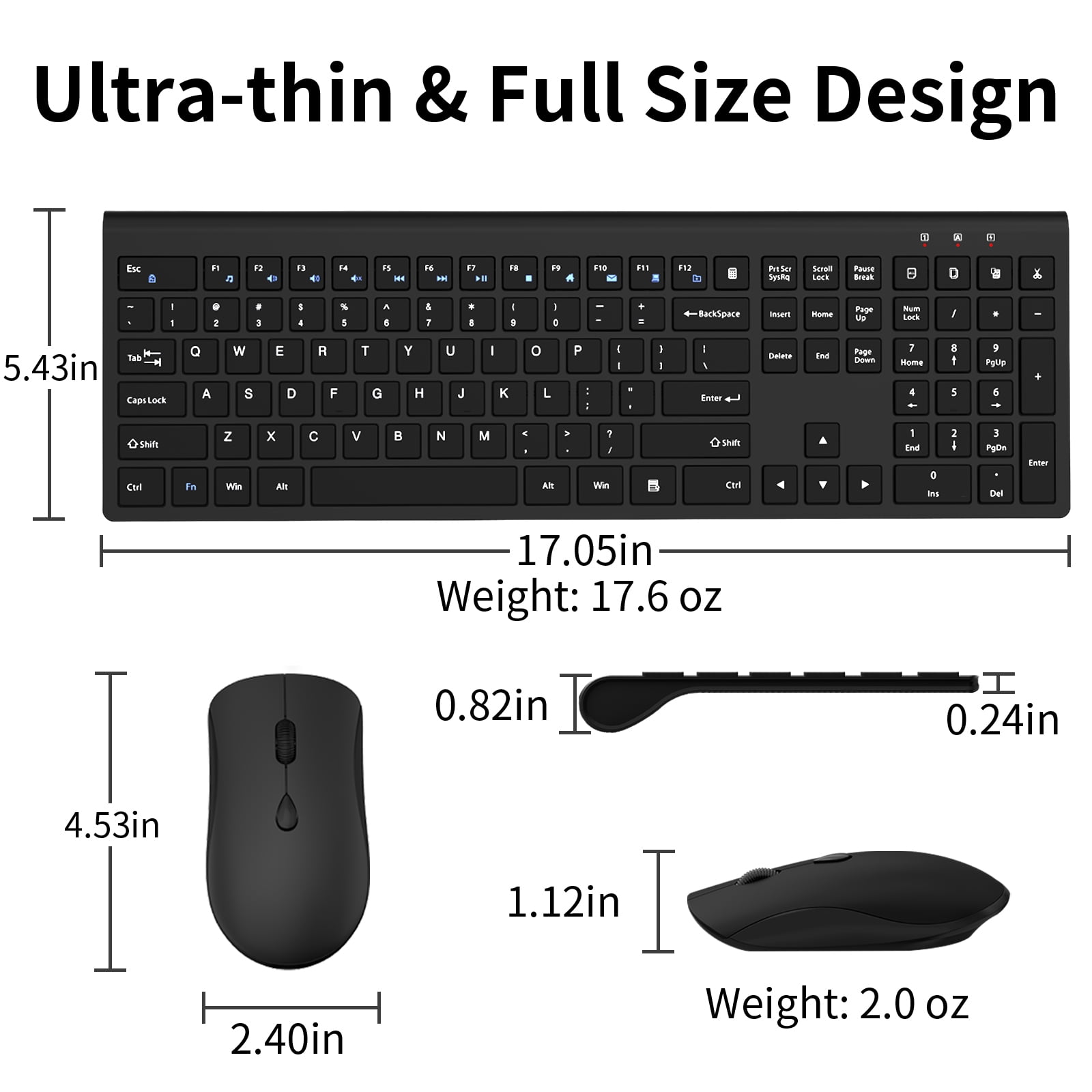 Wireless Keyboard and Mouse Combo, Silent Full-Size Computer Keyboard with Calculator Button, 2400 DPI Mice, Quiet Click, Slim Cordless USB Set for Laptop PC Windows Mac - Black