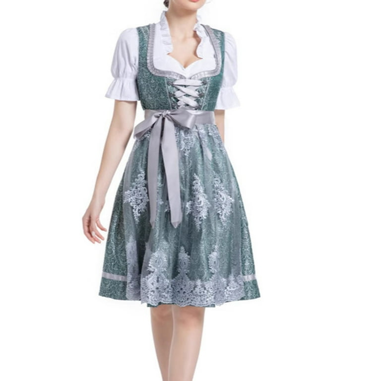 Oplxuo Bavarian Women's Midi Dirndl Dress,Women Vintage Ruffled Edge V-Neck German Outfit Women Traditional Checkered Cloth, Size: Large, Green