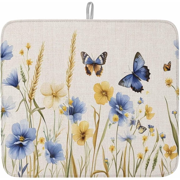 Dish Drying Mat for Kitchen Counter,Country Flowers Butterflies Absorbent Microfiber Drainer Rack Pad Vintage Blue Floral on Linen Quick Dry Mat for Sinks Dishes Utensils 16x18in,1 Pack