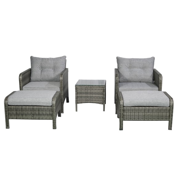 Rattan Patio Furniture Set 5 Pieces Outdoor Conversation Set with Cushions & Coffee Table - Gray/Light Gray Wicker Chairs & Ottomans