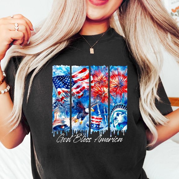 God Bless America Shirt 4th of July Tee USA Flag Tshirt Cross Crewneck Christian American