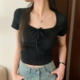 thumbnail image 3 of Mittory Women Summer Bow Tie Shirts Cute Ruched Short Sleeved T-Shirt Coquette Slim Fit Crop Tees Top Streetwear, 3 of 5