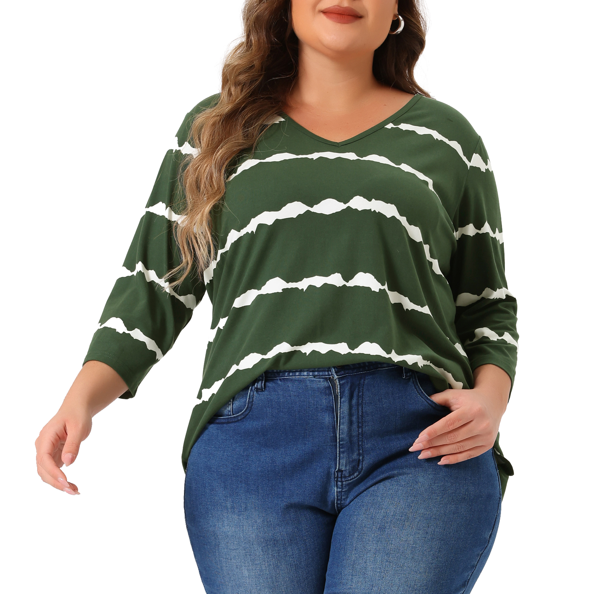 Unique Bargains Women's Plus Size V Neck 3/4 Sleeve Striped Tie Dye Blouse 1X Dark Green