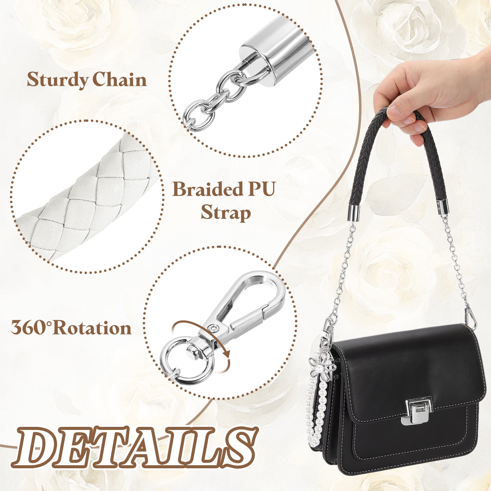 Uxcell 2 Pcs PU Leather Chain Purse Strap, 23.6 Inch Braided Purse Handles Replacement Strap with Pearl Pendant for Tote Bag Handbag Underarm Bag (White, Silver Chain)
