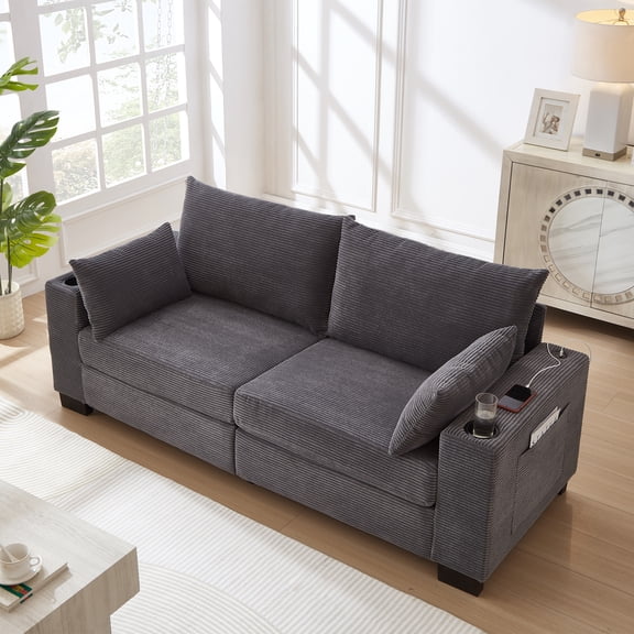 78" Corduroy Sofa,3 Seater Sofa with Extra Deep Seats,Modern Upholstered Couch with USB,Cup Holders & Side Pocket,2 Pillows for Living Room,Gray