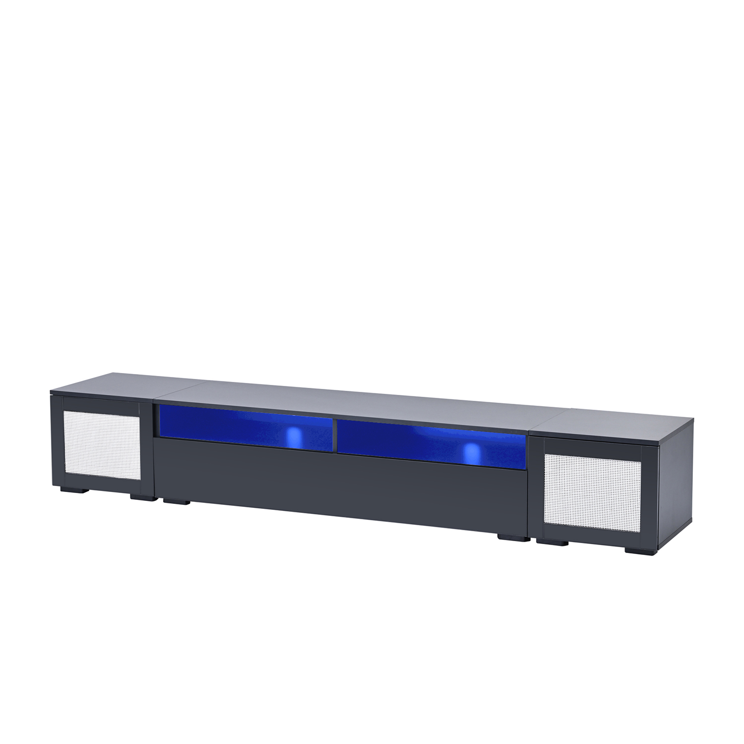 Kadyn 7 Pieces Floating TV Console Table Set, Rattan TV Stand Console for TVs Up to 90”, High Gloss Wall Mounted TV Stand with Color Changing LED Lights for Home Theatre, Black