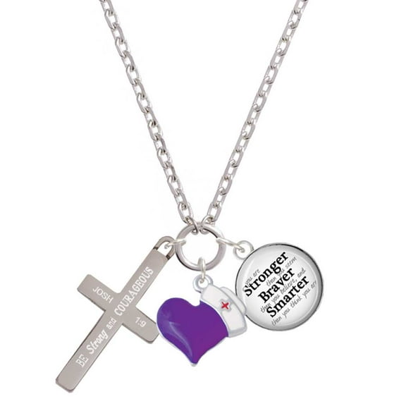 Delight Jewelry Stainless Steel Joshua 1:9 - Be Strong and Courageous Engraved Cross - Purple Heart Nurse Strong Zoe Necklace