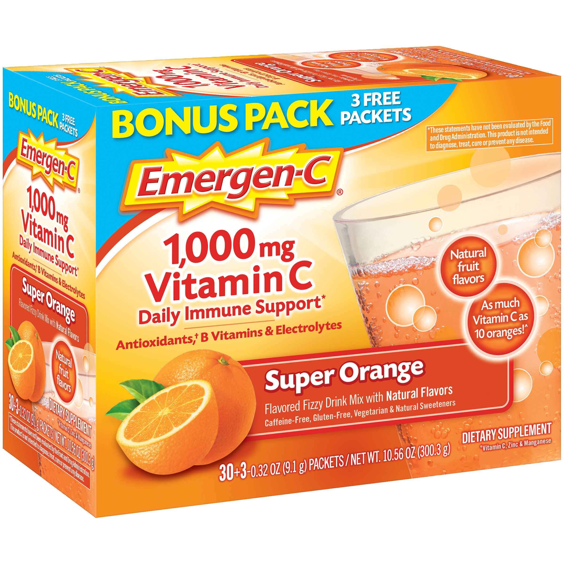 Emergen-C Vitamin C Supplement Super Orange Drink Mix, 1000 mg, 0.33 Oz., 33 Count
