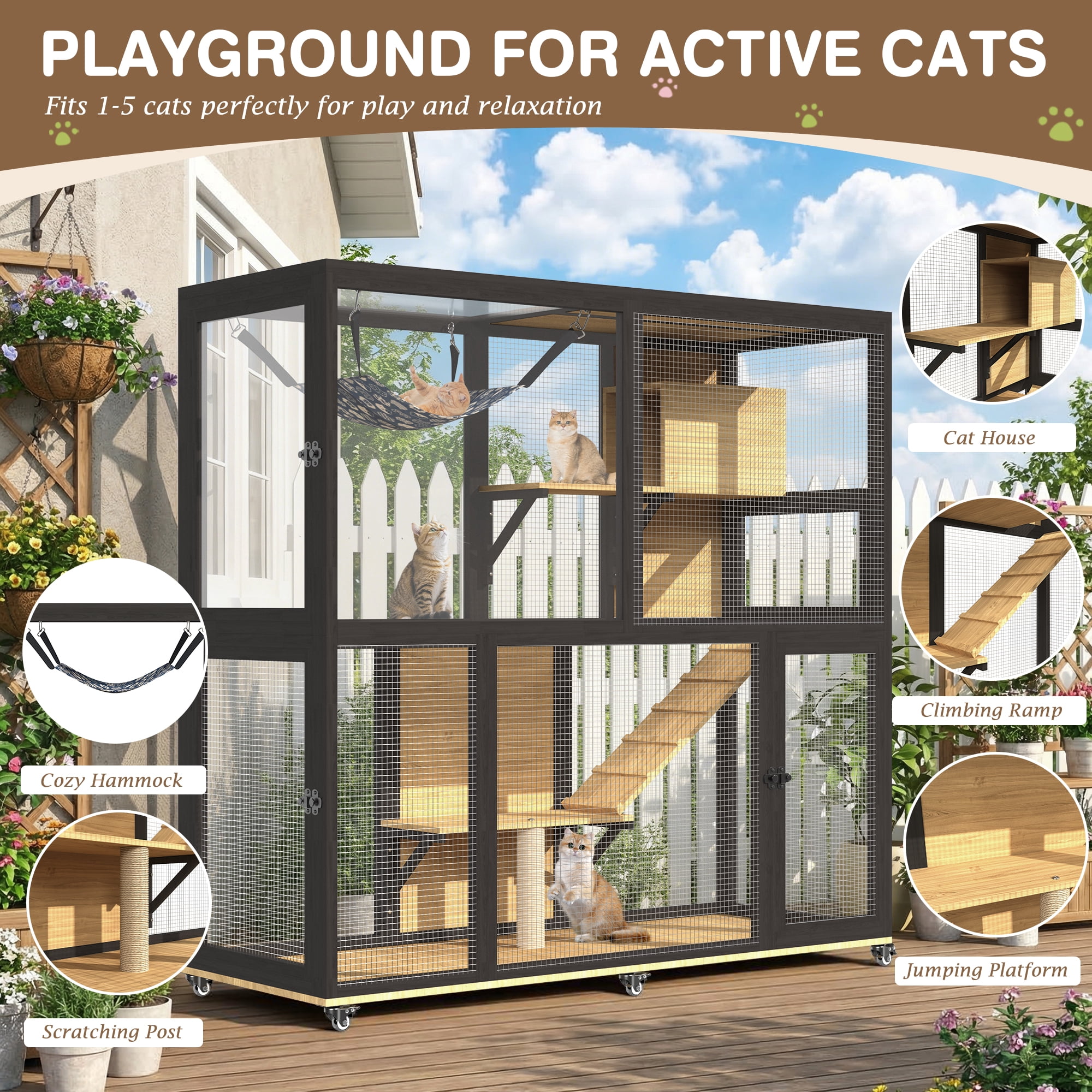 Haverchair 4-Tier Catio Cat Enclosure Outdoor, Portable Cat House Cage for Multiple Cats Indoor, Wood Kitty Condo w/Waterproof Roof Wheels Platforms Hammock Scratching Post for Sunbathing Playing