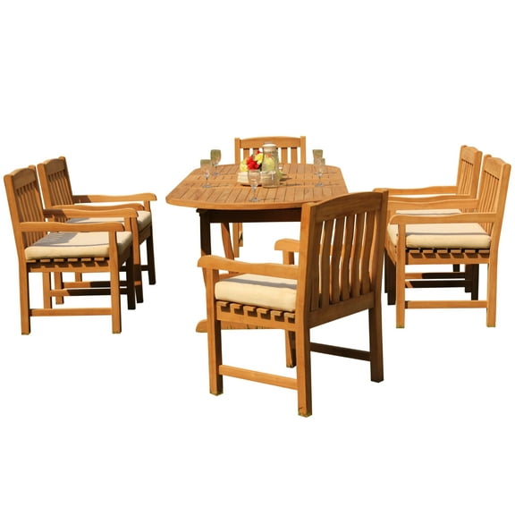 Grade-A Teak Dining Set: 6 Seater 7 Pc: 94" Mas Oval Trestle Leg Table And 6 Devon Arm Chairs Outdoor Patio WholesaleTeak #51DV2307