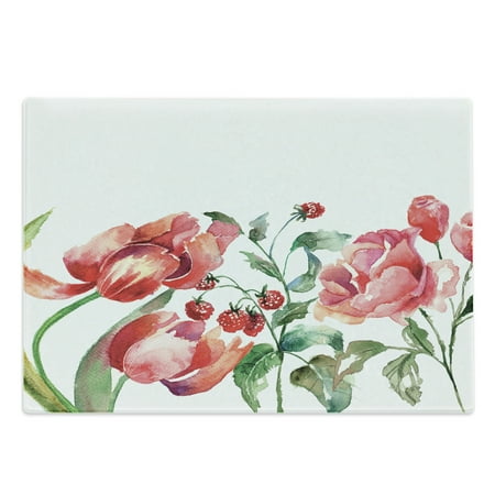 

Watercolor Cutting Board Grunge Inspired Botanical Arrangement of Fruits and Flowers Ecology Decorative Tempered Glass Cutting and Serving Board Large Size Rose Red Jade Green by Ambesonne