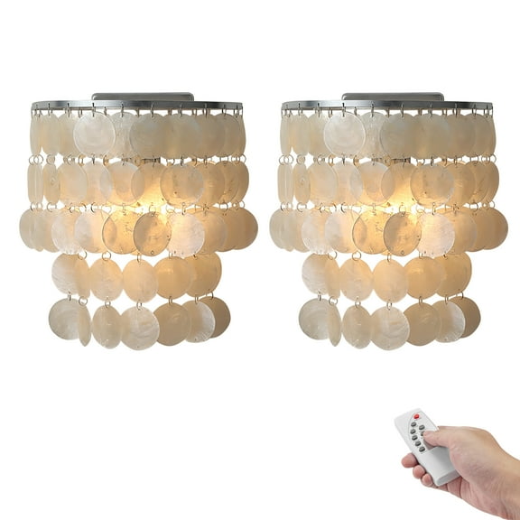 Kiven Battery Operated Wall Sconces with Remote Control,Rechargeable Wall Sconces Indoor,Set of 2 Dimmable Wall Lamp for Reading, Dark Corner, Bedside, Wall Decor,Seashell Lampshade