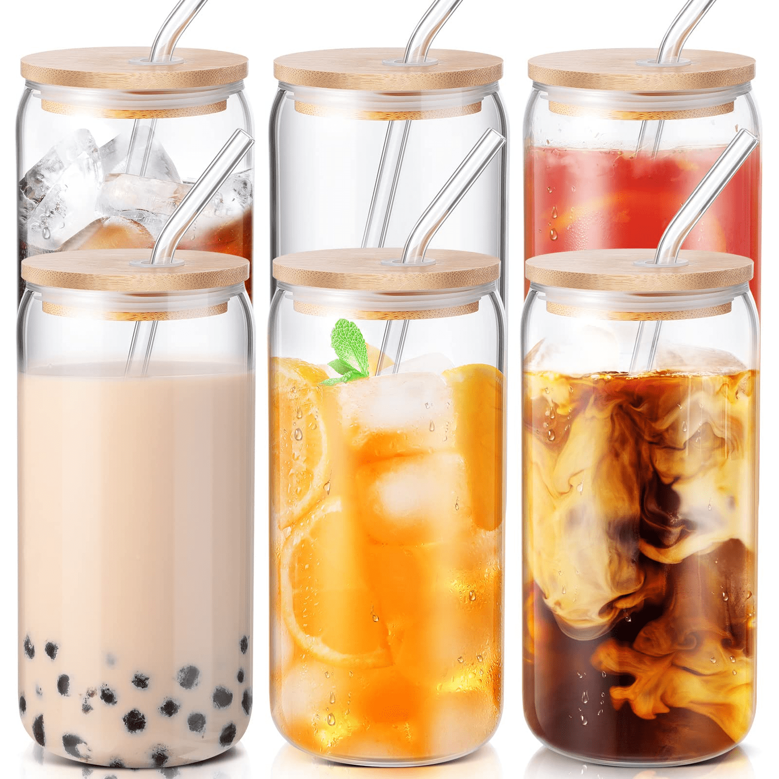 Drinking Glass Cups with Bamboo Lid and Glass Straws – 16oz Glasses Bottle  for Soda Boba, Reuseable …See more Drinking Glass Cups with Bamboo Lid and