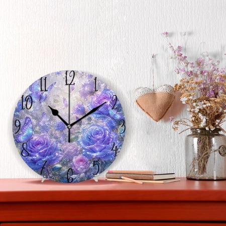 10 Quartz Indoor Wall Clock Silent Mechanism / Sparkling Purple Butterfly Roses