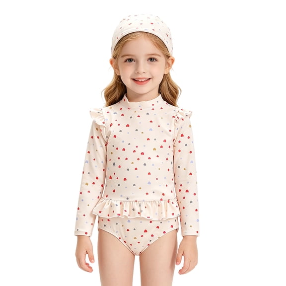 Girls Clothes 3-12T Cute Summer Long Sleeve One-Piece Swimsuit Hat Bathing Suit