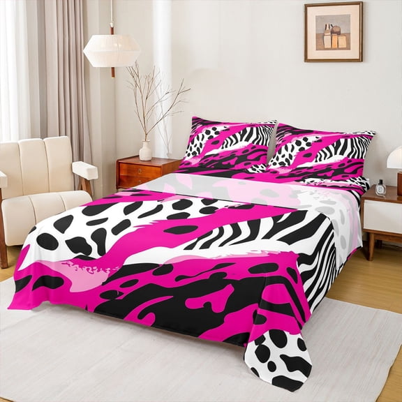 Homewish Leopard Cheetah Print Full Size Sheets for Kids, Zebra Stripes Bed Sheets, Black Pink Abstract Sheet Sets, Microfiber Bedroom Decor, 4 Pieces