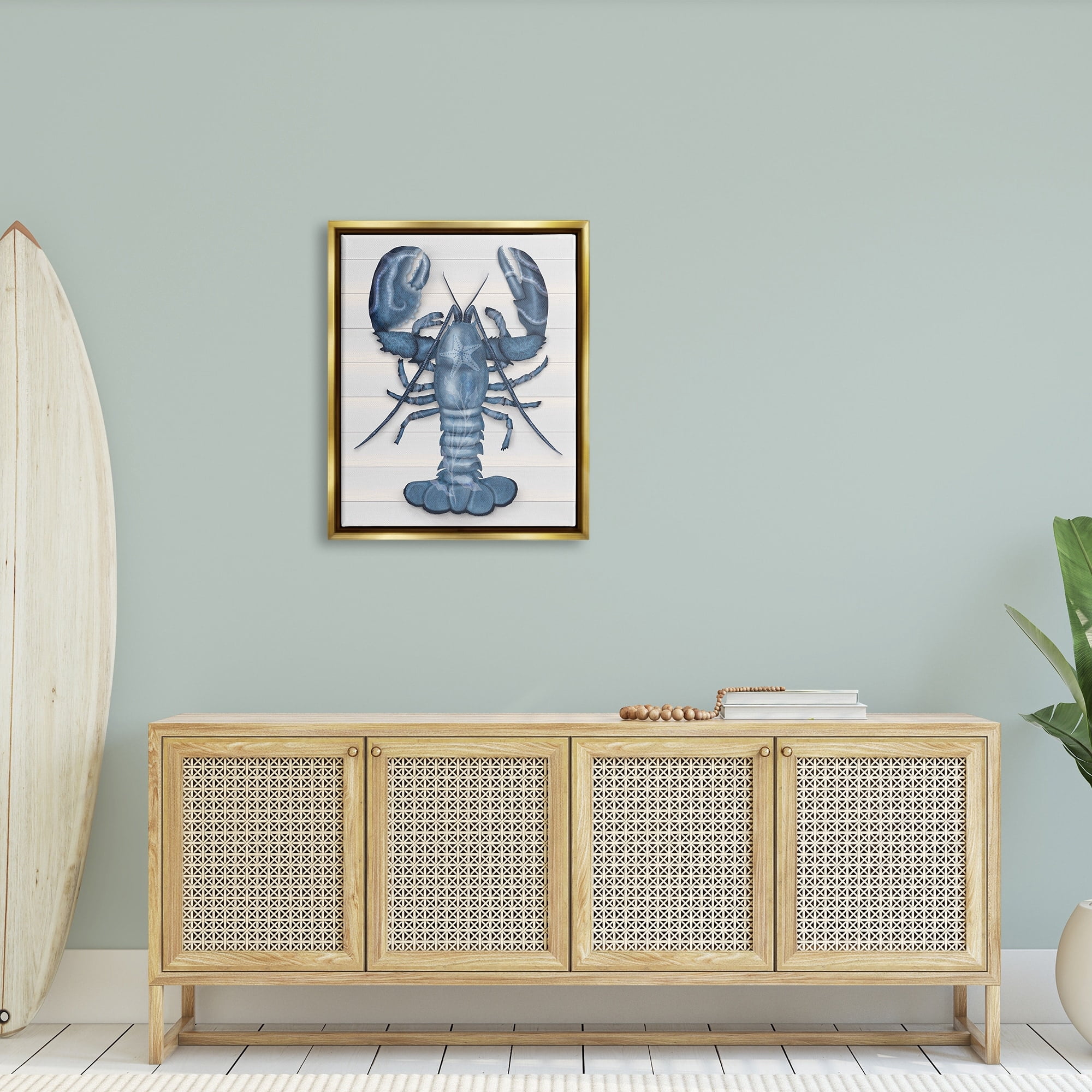 Stupell Industries Detailed Blue Lobster Starfish Botanical Motif Panels Graphic Art Metallic Gold Floating Framed Canvas Print Wall Art, Design by Darlene Seale