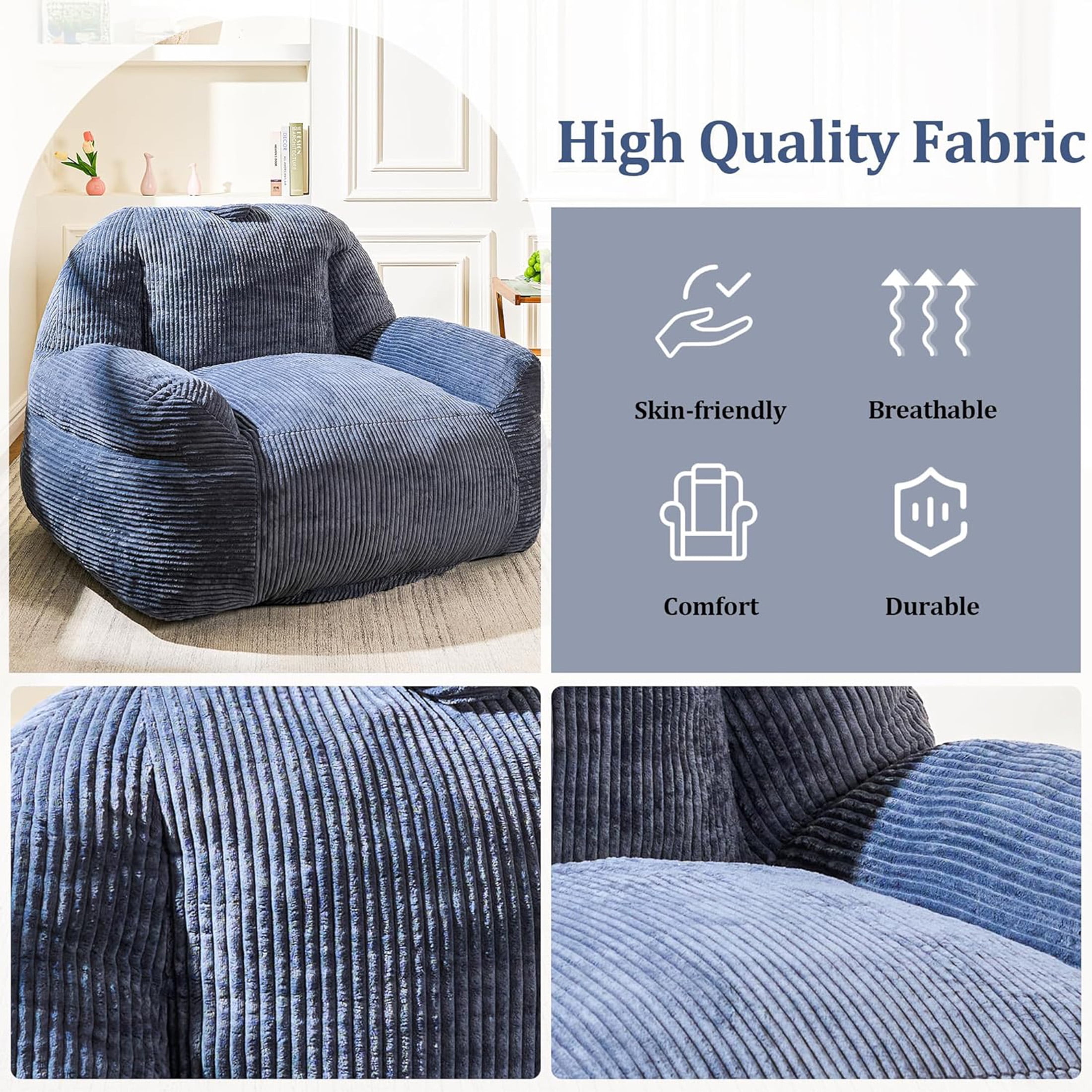LinkRomat 46" Giant Bean Bag Chair Sofa for Adults, Faux Fur Fluffy Sofa with High-Density Memory Foam, Grey Comfy Bean Bag Couch for Lounging, Reading