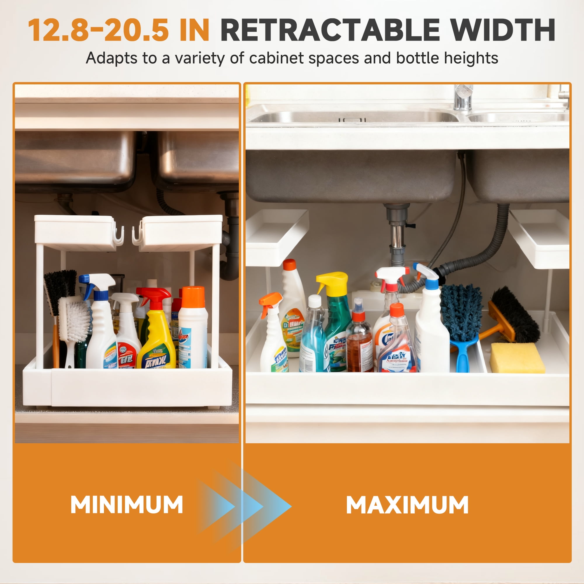 Expandable Under Sink Organizers Storage With Upgrade Ball-Bearing Slide Tracks,2-Tier Pull Out Under Cabinet Organizer Height Adjustable （White）