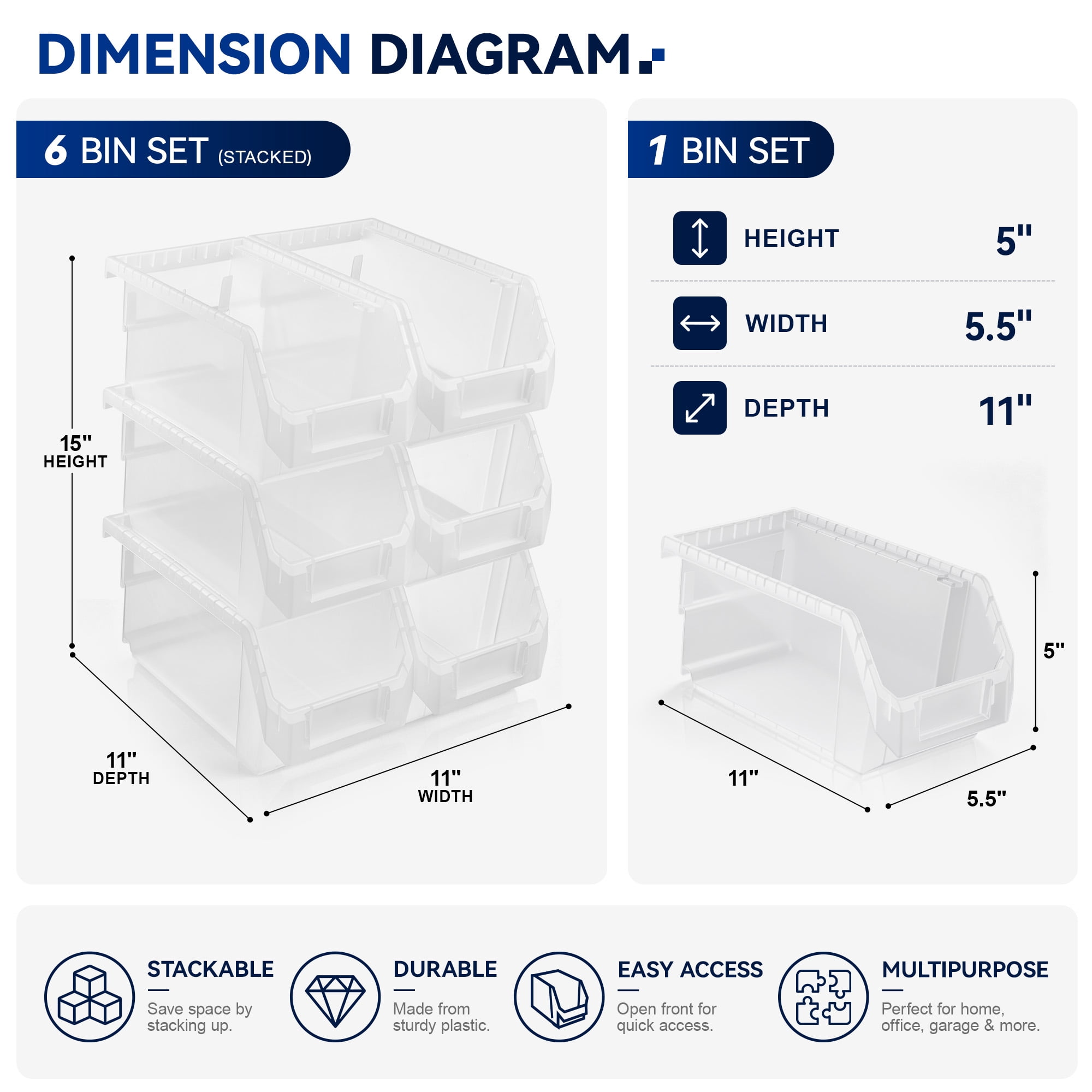 Sorbus Medium Garage Storage Bins, Open Front Plastic Organizer, Clear, 6 Pack