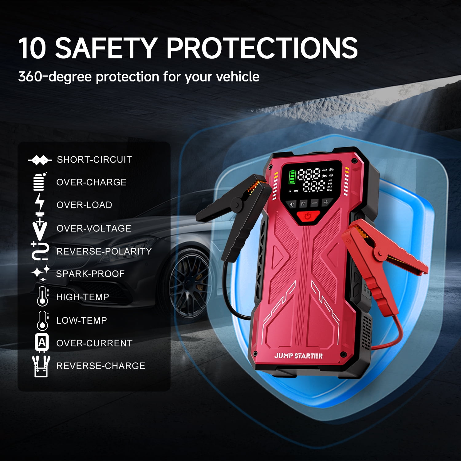 Geeneu Jump Starter with Compressor, 6000A Jump Box Car Battery Charger, Portable Jumper Starter Power Pack (10.0L Gas/8.0L Diesel),Rodeside Emergency Kit for Vehicle/Motorcycle Combo Tire Inflator