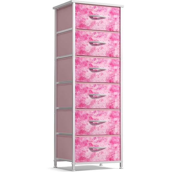 Fabric Dresser for Kids Bedroom - Chest of 5 Drawers, Tall Storage Tower, Clothing Organizer, for Closet, for Playroom, for Nursery, Steel Frame, Fabric Bins - Wood Handle (Tie-dye Pink)