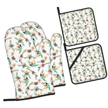 

Haiem Pretty Floral With Leaves Print Extra Long Oven Mitts and Pot Holders 4pc Sets: Heat Resistant Silicone Oven Mittens with Mini Oven Gloves and Hot Pads Potholders