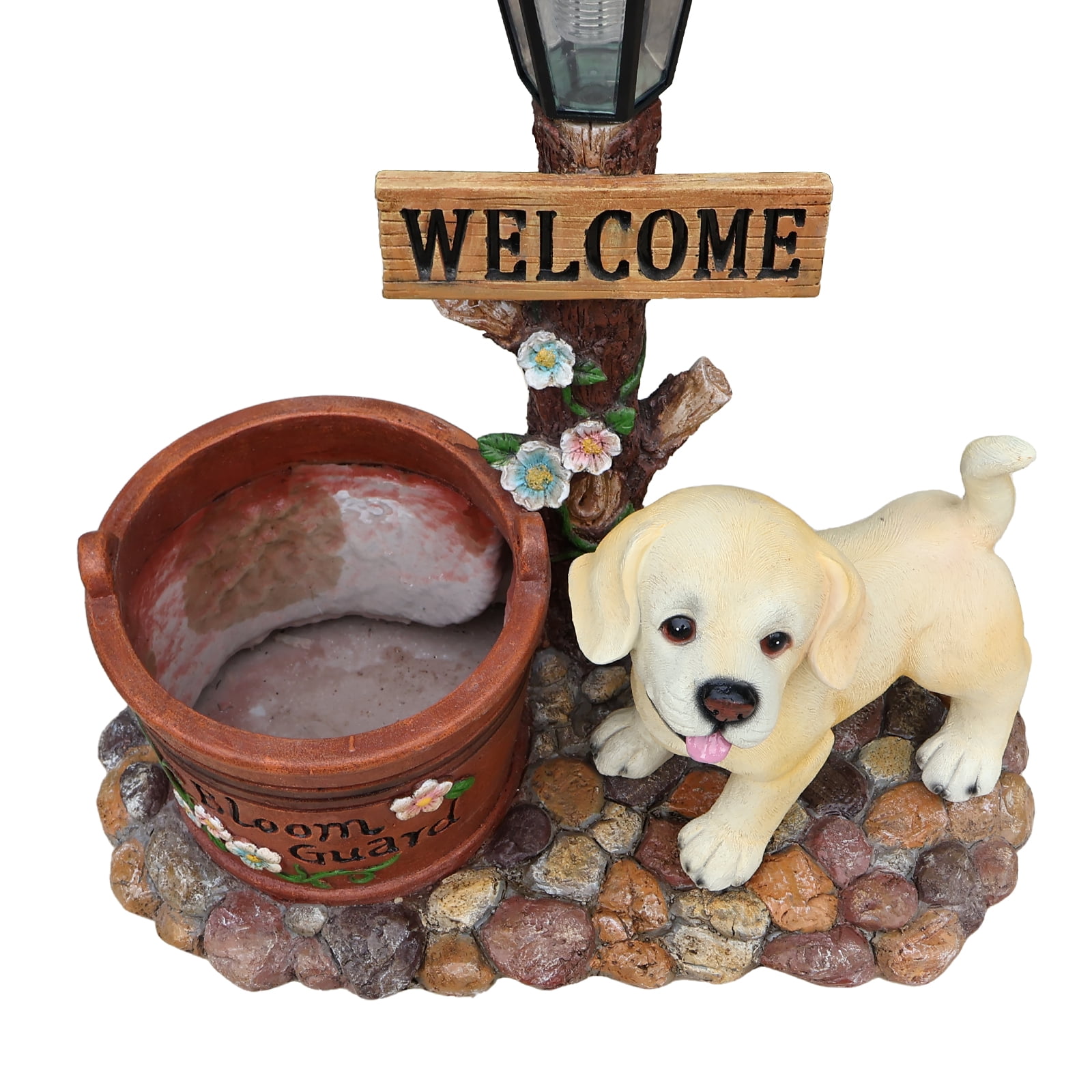 18.9'' Solar Labrador Puppy Solar Planter Garden Statue with LED Light,Outdoor Decorative Animal Figurines,8-10 Hour Working Time,Floral Basket Design,Lawn Yard Decor,Brown