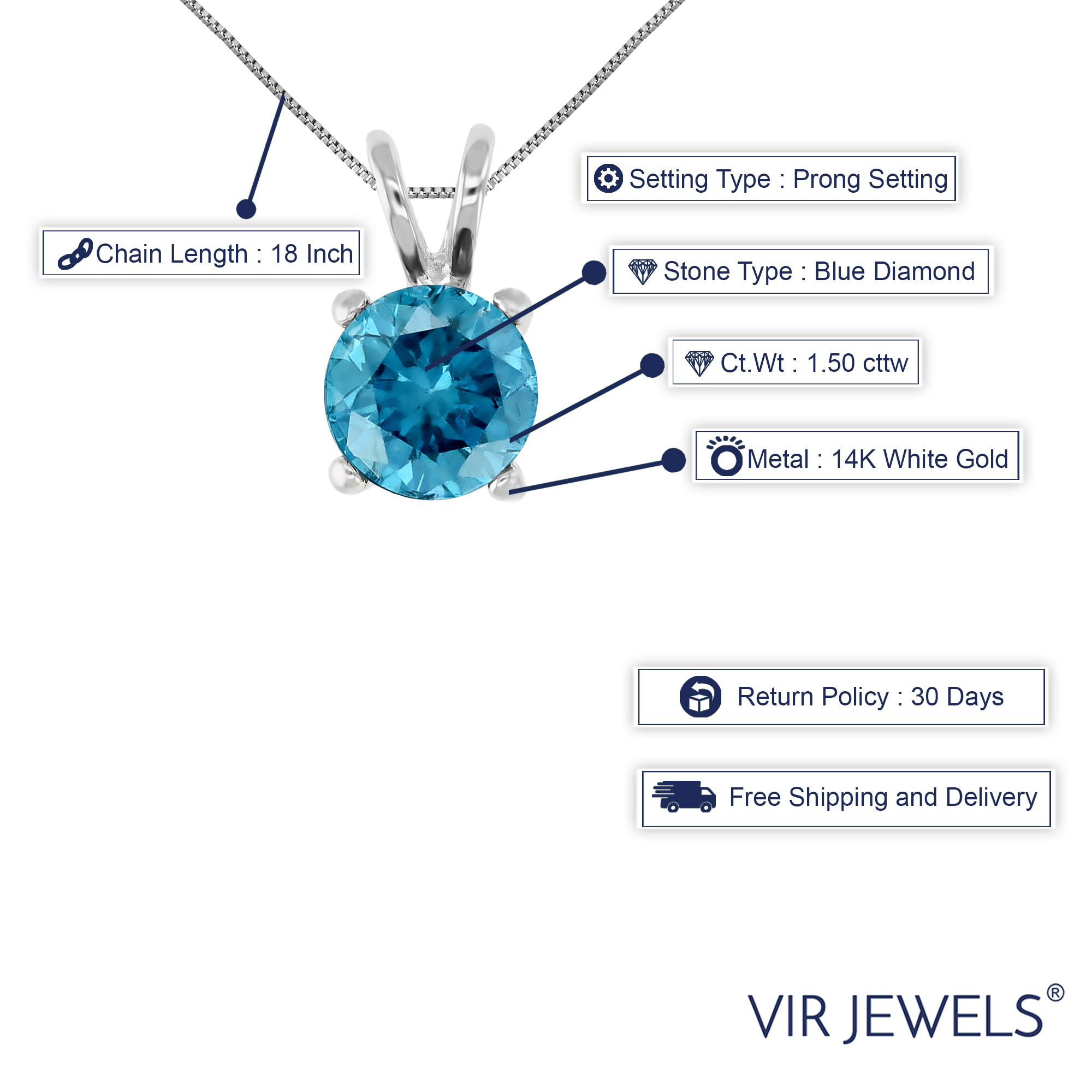 Vir Jewels 1.50 CTTW Blue Diamond Solitaire Pendant Necklace for Women 14K White Gold Round