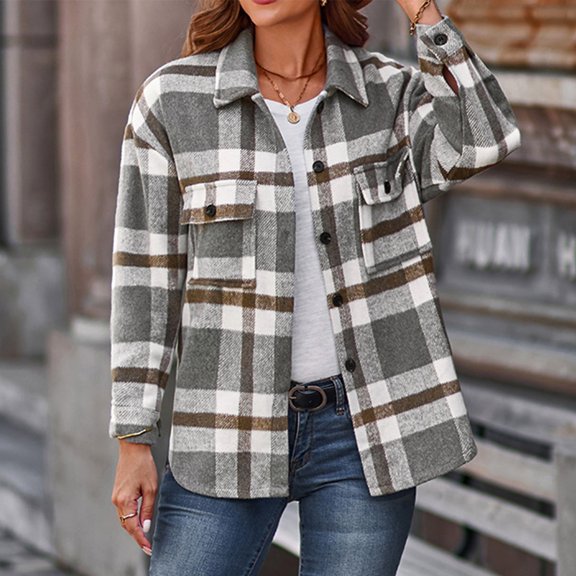Black and Friday Clothing Sales Idoravan Plaid Shirts for Women Winter Jacket Clearance Women Fall and Winter Plaid Printed Long Sleeve Turn-down Collar Suit Cardigan Woolen Coat Tops Gray M