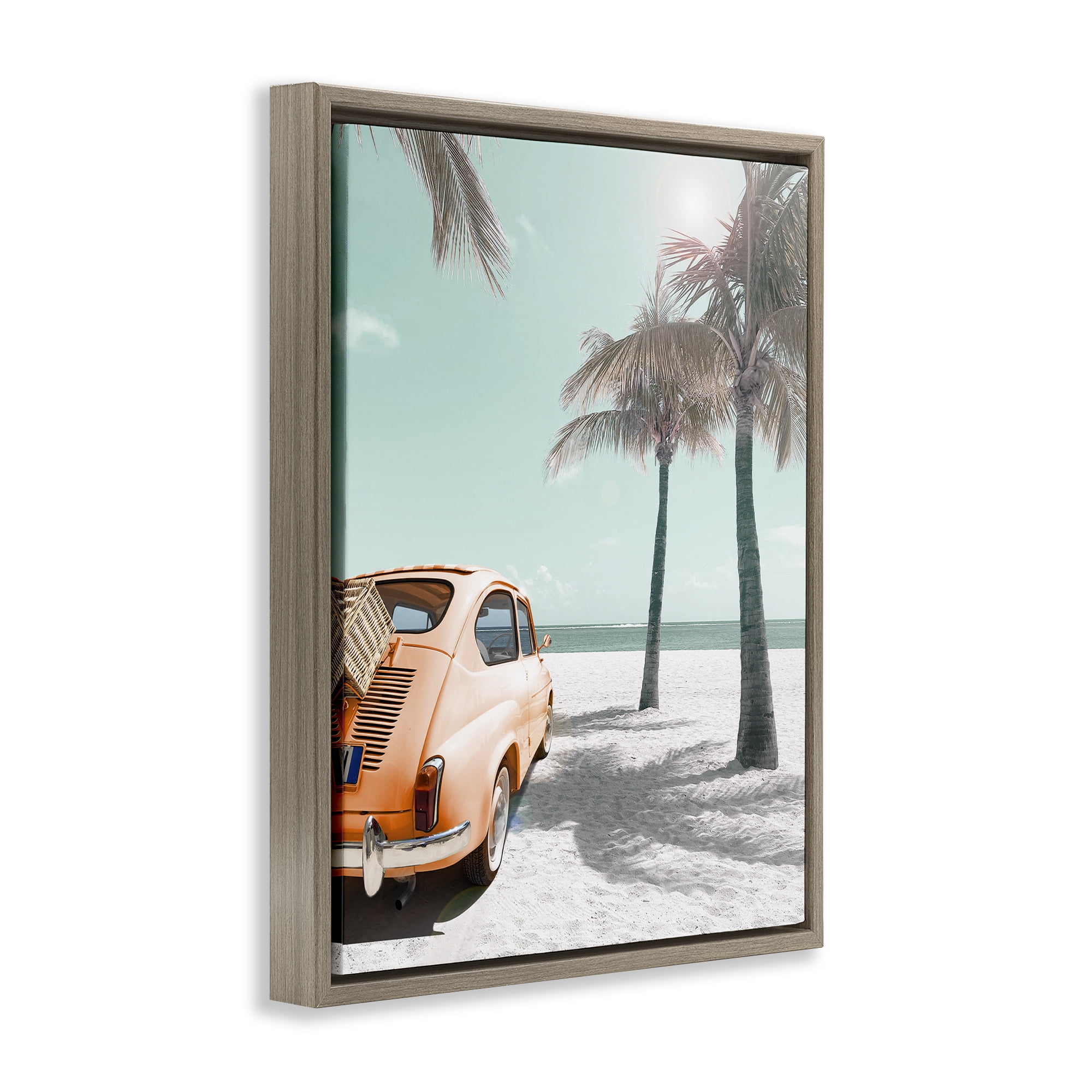Stupell Industries Orange Car on Beach Coastal Painting Brown Floater Framed Canvas Art Print Wall Art, 25 x 31