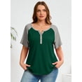thumbnail image 2 of SHOWMALL Women's Plus Henley Tee Color-block Green 2X V-Neck Button-Up Short Sleeve Shirts Combo Casual Dressy Top, 2 of 8