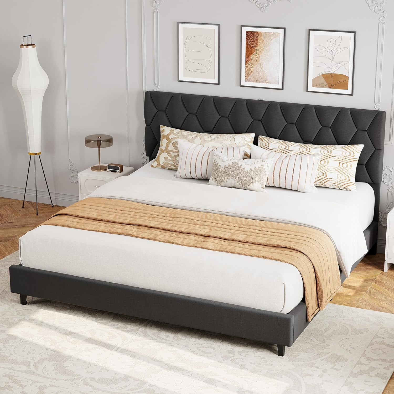 King Size Platform Bed Frame with Upholstered Headboard and Wooden Slats Support. Upholstered Mattress /No Box Spring Needed/Easy Assembly. Grey