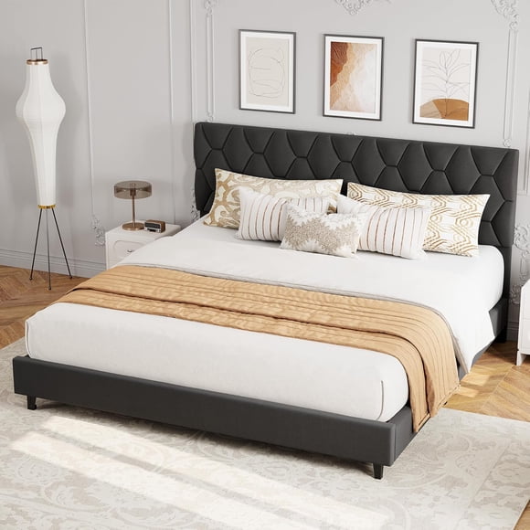 King Size Platform Bed Frame with Upholstered Headboard and Wooden Slats Support, Upholstered Mattress Foundation/No Box Spring Needed/Easy Assembly, Grey