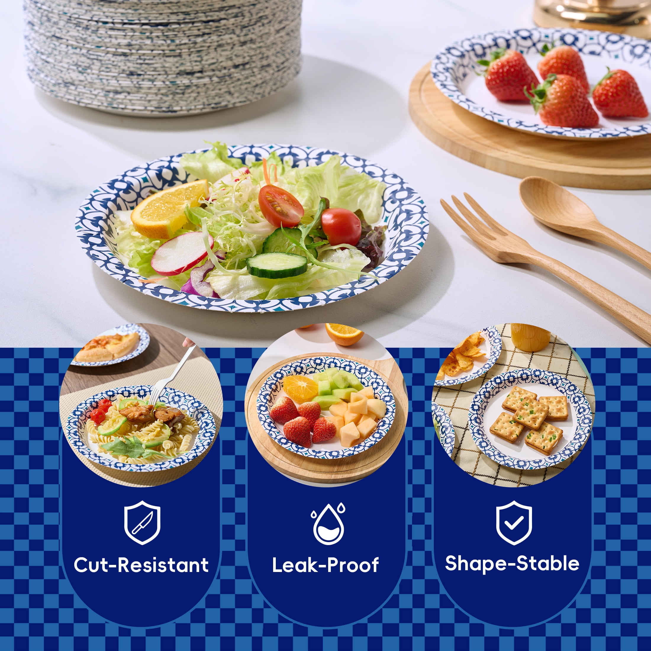 JOLLY CHEF 200-Pack 8.5" Paper Plates: Leak & Cut Resistant for Any Gathering