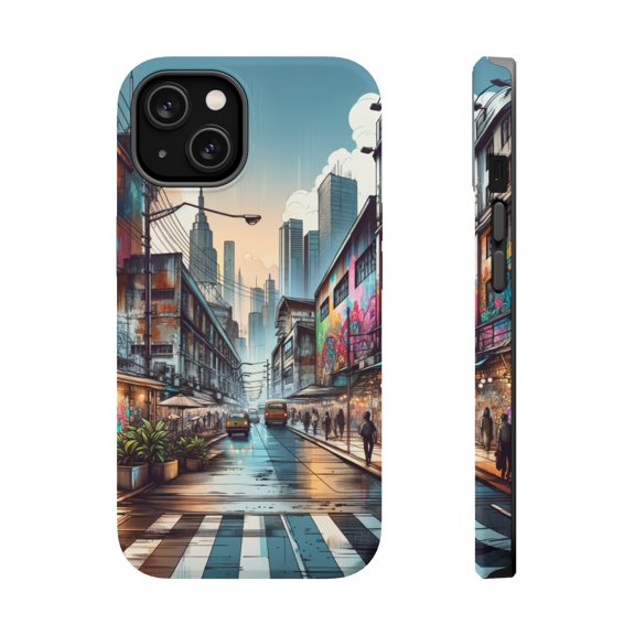 DistinctInk Tough Case for Apple iPhone 13 (6.1" Screen), Compatible with MagSafe Charging - "Bursts of Color: Vibrant Street Art Masterpiece"
