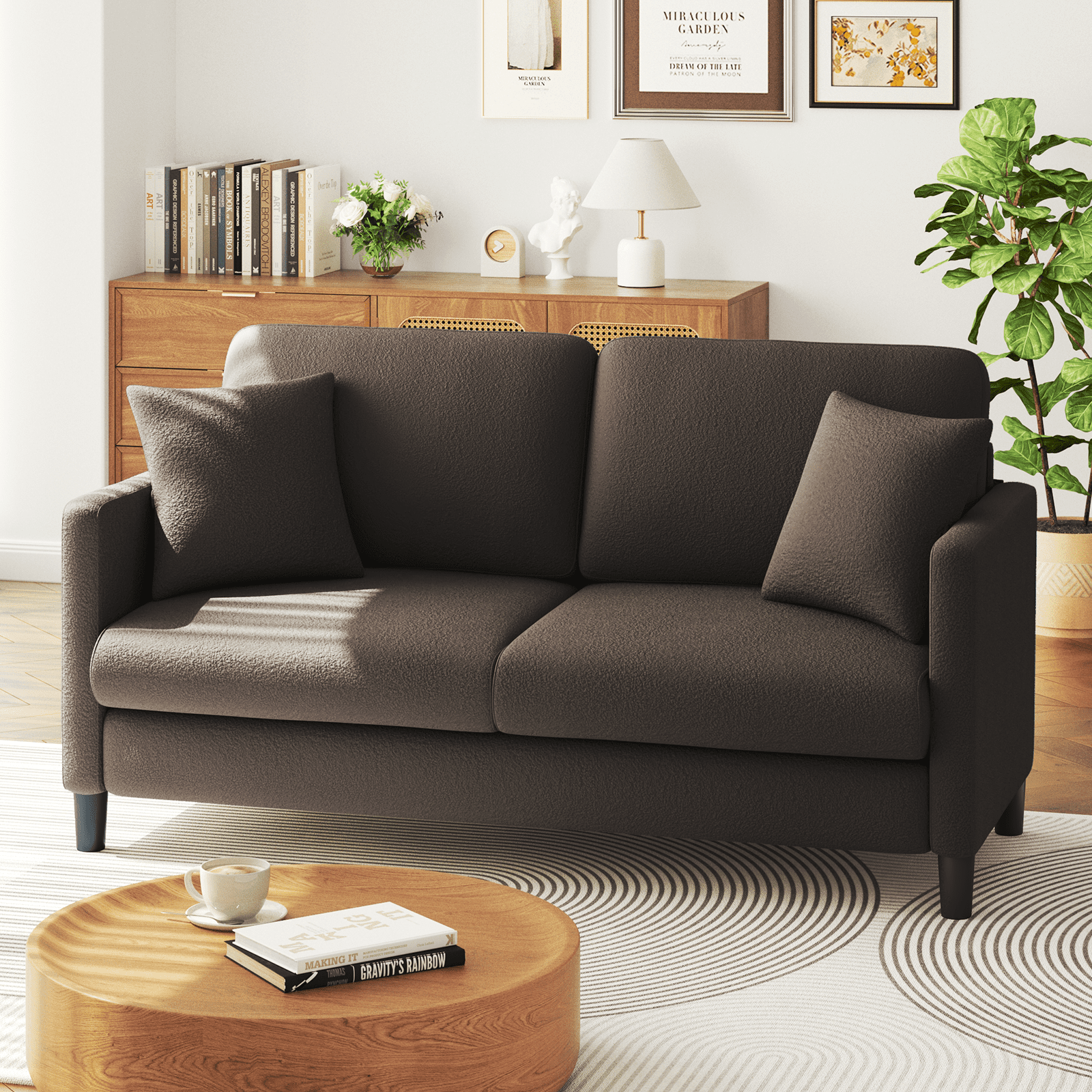 Neche 65" Sofa Couch for Living Room Office Small Space, Comfy Loveseat in a Box, Brown