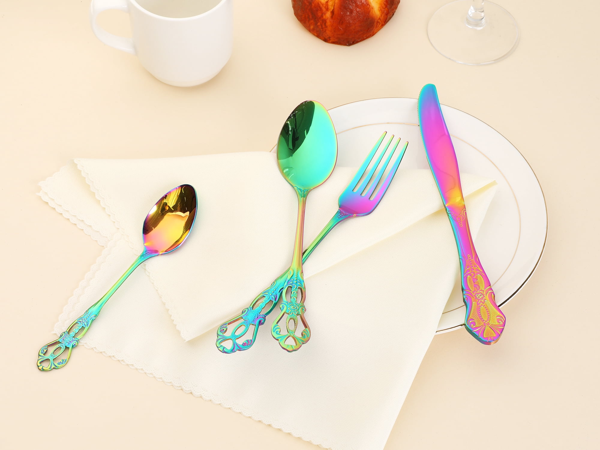 Unique Bargains 24 Pcs Silverware Set Stainless Steel Floral Flatware Set Colorful