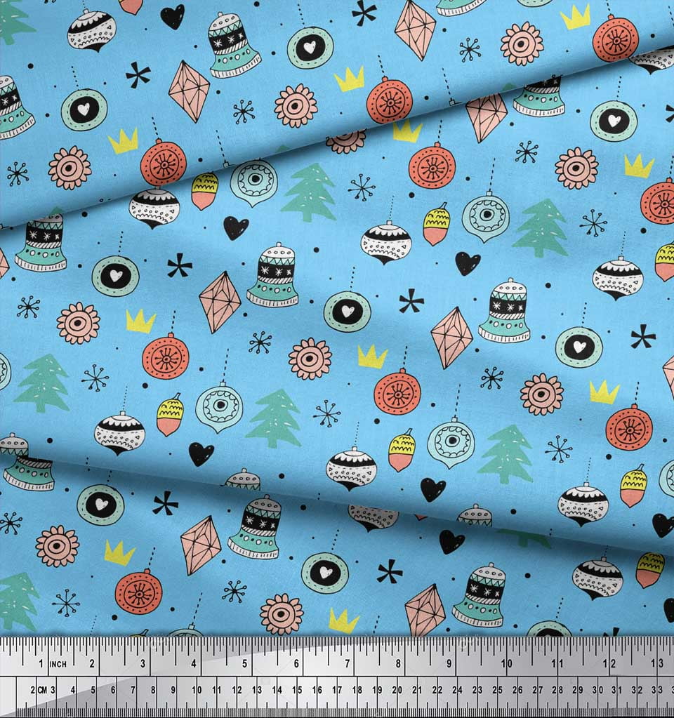 Soimoi Blue Heavy Satin Fabric Tree & Ornament Christmas Print Sewing Fabric Yard 54 Inch Wide