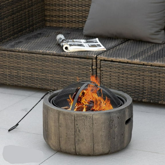 Demi Bonn 18" Metal Wood-Burning Fireplace with Spark Cover, Woodgrain Design for Backyard Picnic, Dark Brown