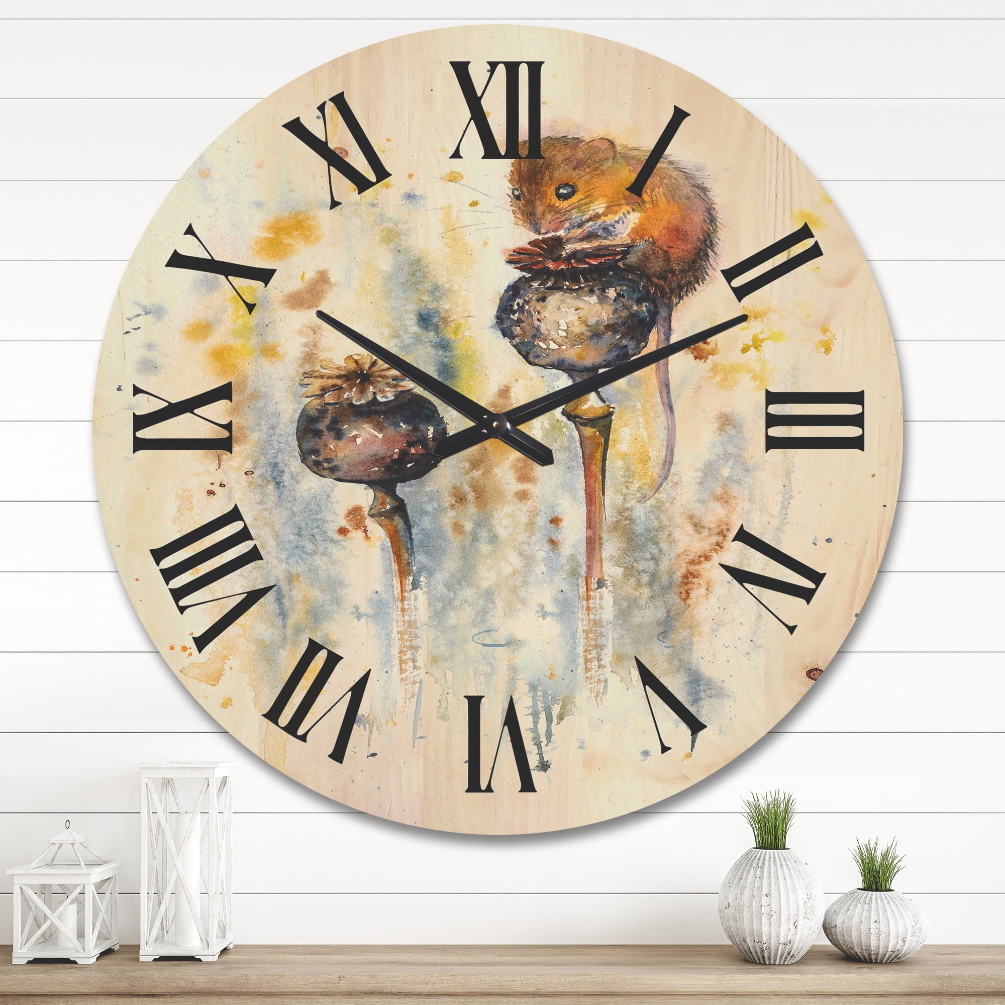 Designart 'Little Mouse Sitting On Poppies' Traditional Wood Wall Clock