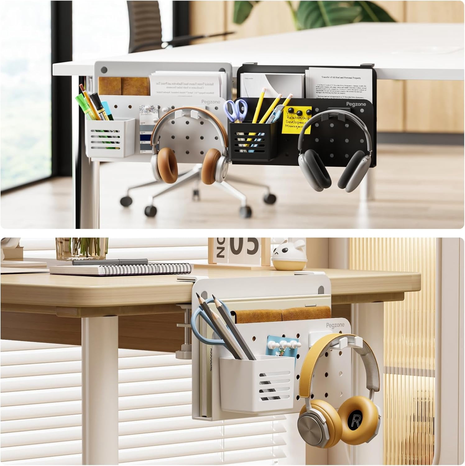 Desk Side Storage Organizer, Clamp-On Under Desk Laptop Holder with Pegboard Accessories, Hanging Shelf for Laptops/Tablets, Fits 0.4"–2.2" Desk Edge, White