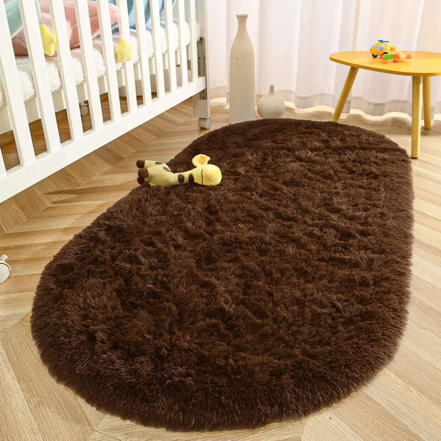 Lochas Soft Oval Rugs Fluffy Plush Modern Area Rug Shaggy Furry Carpet for Living Room Home Decor Play Mat,2.6'x5.3',Coffee