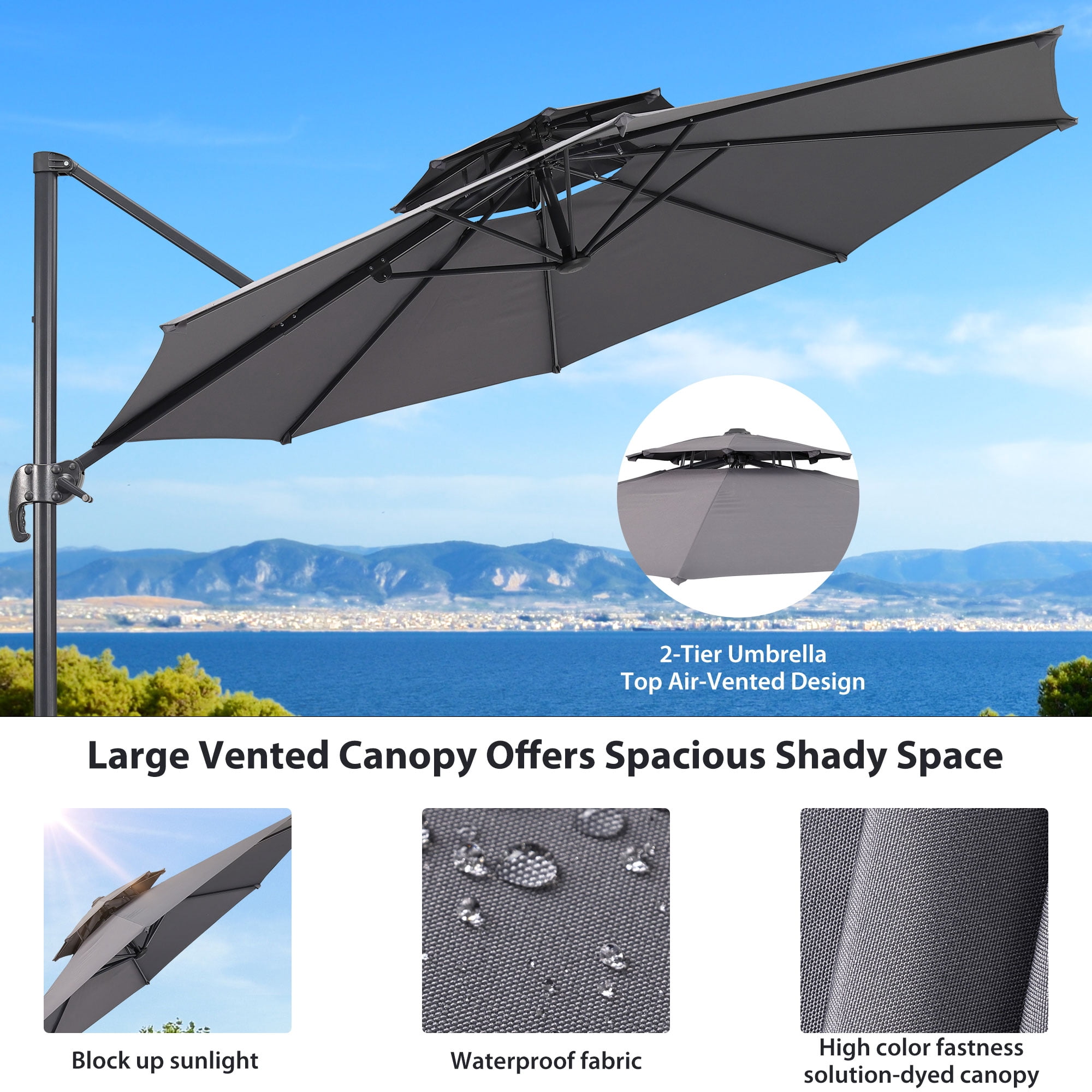Ainfox 10ft Double Top Heavy-Duty Patio Cantilever Umbrella with Cross Base, Outdoor Large Offset Hanging Aluminum Rotation Sun Shade Umbrella with 360°Rotation Adjustable,Grey