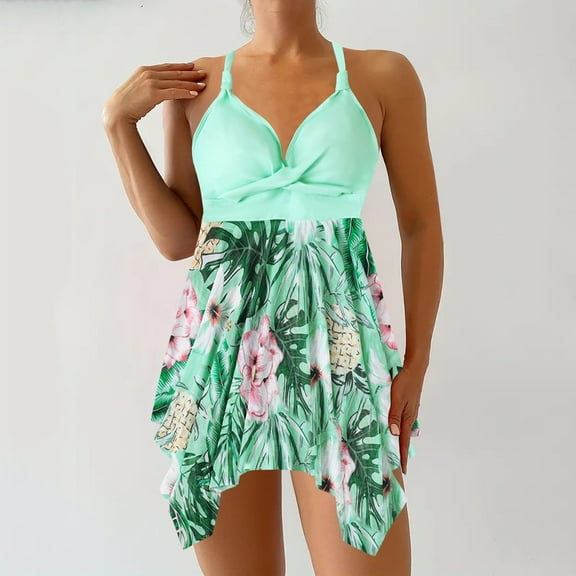 Levmjia Women Split Bikini Swimsuit High Waist V Neck Printed Beach Swimwear Set with Adjustable Straps UPF50 Plus Size Polyester Spandex Summer Vacation Pool Party